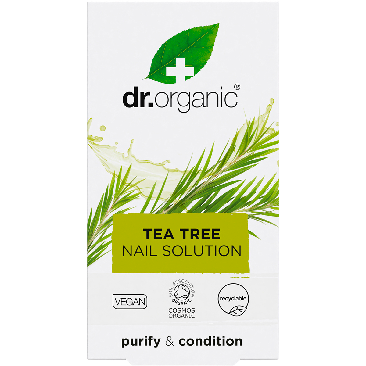 Front of a Dr Organic Tea Tree Nail Solution box featuring green tea tree leaves and product benefits on a white background.