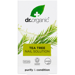 Front of a Dr Organic Tea Tree Nail Solution box featuring green tea tree leaves and product benefits on a white background.