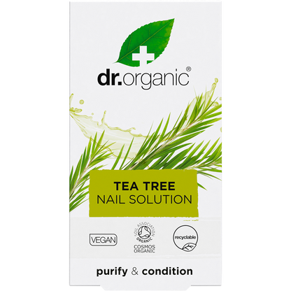 Front of a Dr Organic Tea Tree Nail Solution box featuring green tea tree leaves and product benefits on a white background.