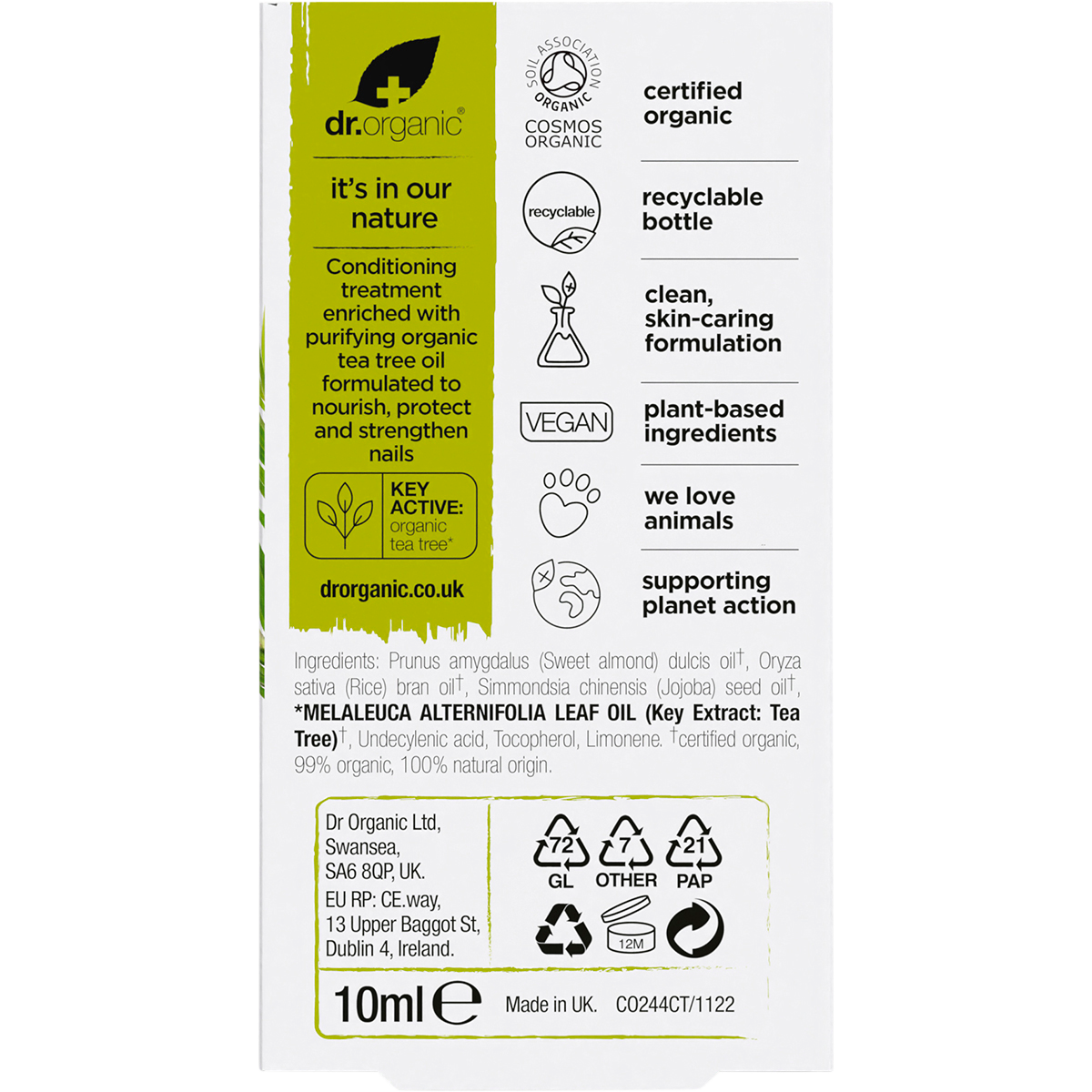 Back of Dr Organic Tea Tree Nail Solution box with directions, ingredients, and natural nail care benefits.