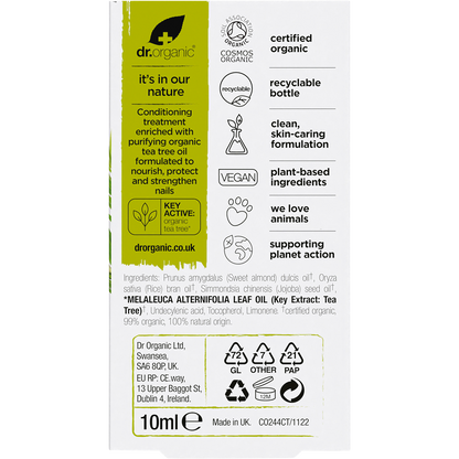 Back of Dr Organic Tea Tree Nail Solution box with directions, ingredients, and natural nail care benefits.