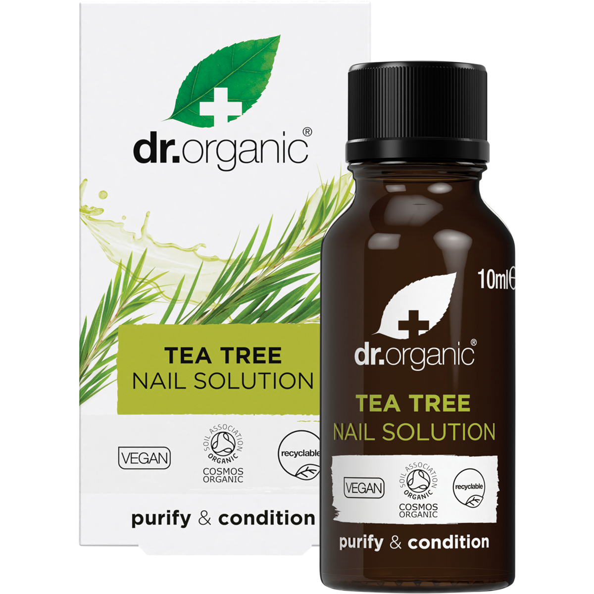 Dr Organic Tea Tree Nail Solution 10ml bottle and box with built-in applicator brush for nail care.