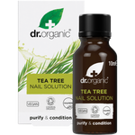 Dr Organic Tea Tree Nail Solution 10ml bottle and box with built-in applicator brush for nail care.