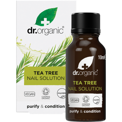 Dr Organic Tea Tree Nail Solution 10ml bottle and box with built-in applicator brush for nail care.