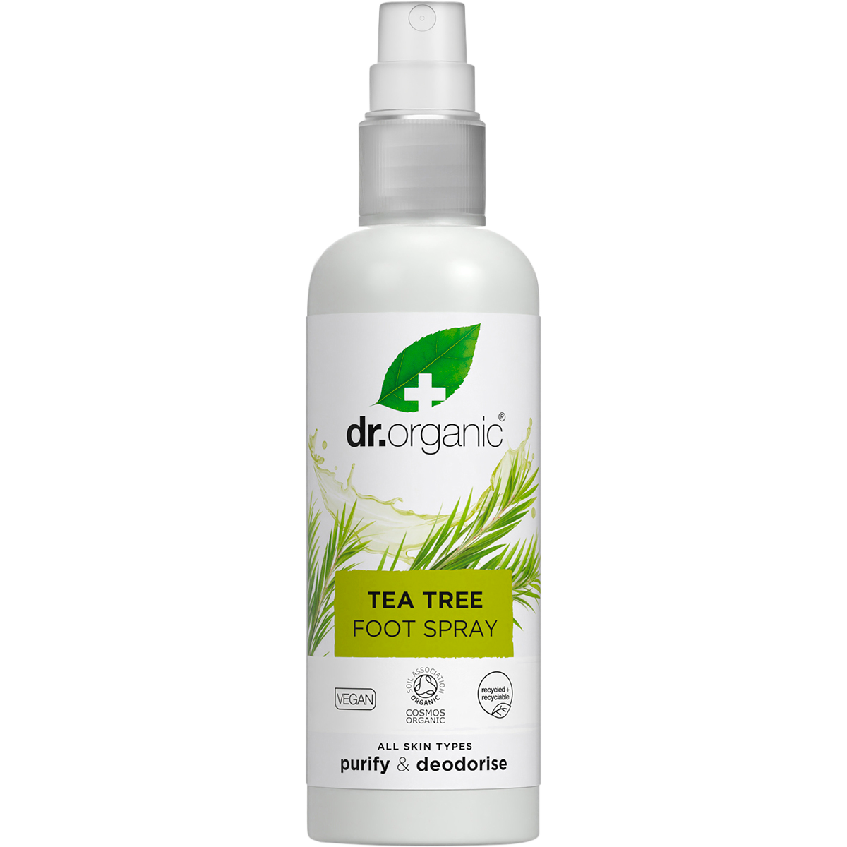 100ml bottle of Dr Organic Tea Tree Foot Spray with a white pump lid and green label on a white background.
