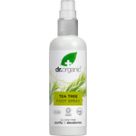 100ml bottle of Dr Organic Tea Tree Foot Spray with a white pump lid and green label on a white background.
