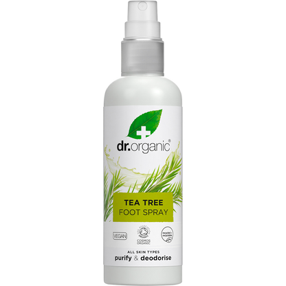 100ml bottle of Dr Organic Tea Tree Foot Spray with a white pump lid and green label on a white background.
