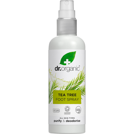 100ml bottle of Dr Organic Tea Tree Foot Spray with a white pump lid and green label on a white background.