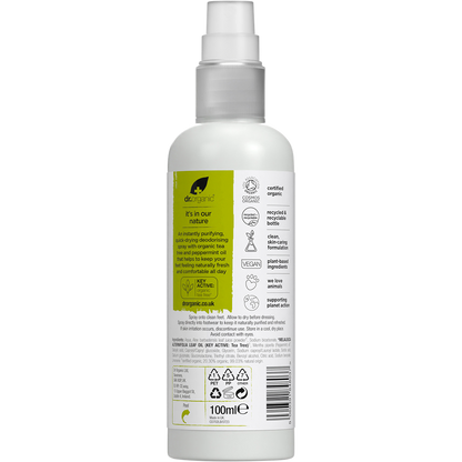 Back of Dr Organic Tea Tree Foot Spray 100ml bottle showing ingredients and directions on a green and white label.