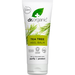 Dr Organic Tea Tree Heel Balm 100ml tube for dry and cracked skin, featuring a green and white label with leaf illustrations.