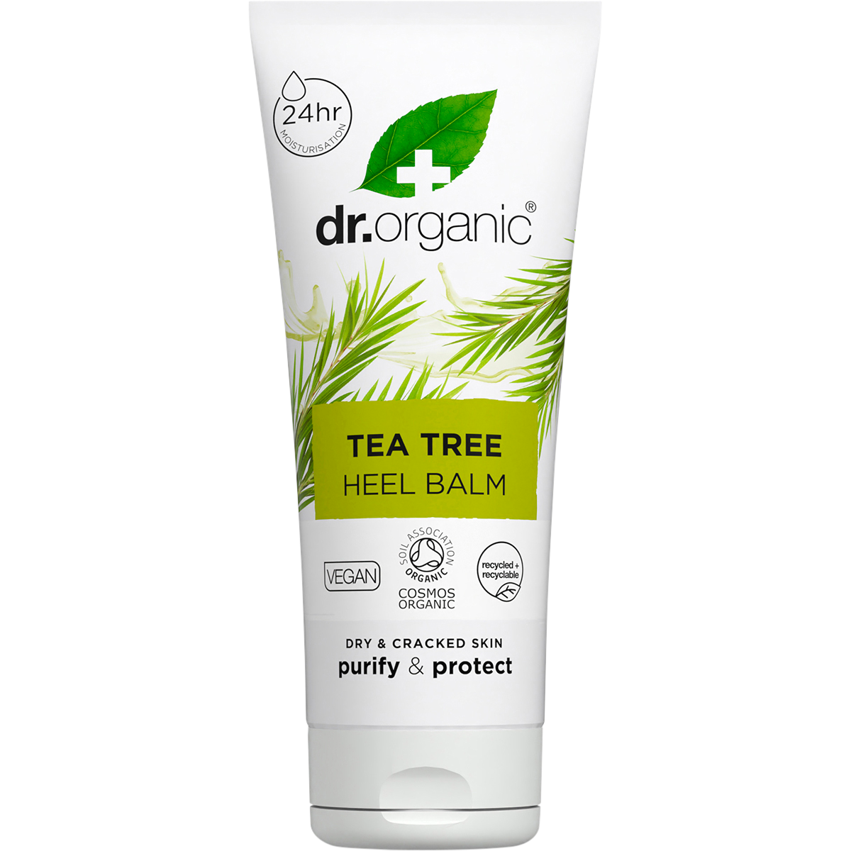 Dr Organic Tea Tree Heel Balm 100ml tube for dry and cracked skin, featuring a green and white label with leaf illustrations.