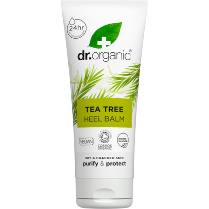 Dr Organic Tea Tree Heel Balm 100ml tube for dry and cracked skin, featuring a green and white label with leaf illustrations.
