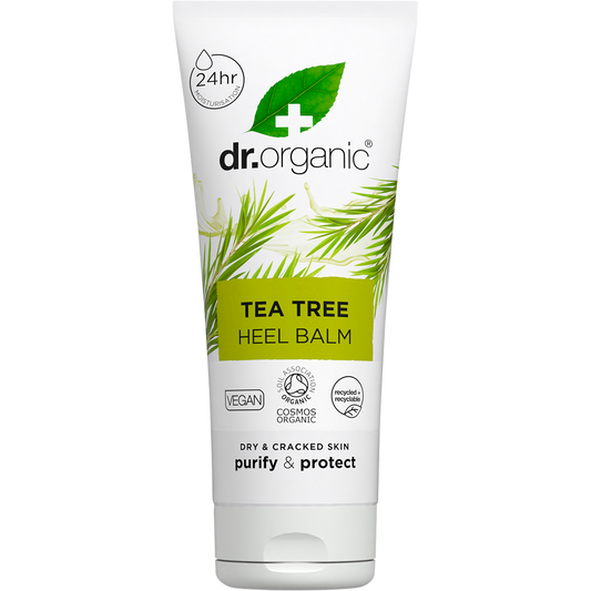 Dr Organic Tea Tree Heel Balm 100ml tube for dry and cracked skin, featuring a green and white label with leaf illustrations.