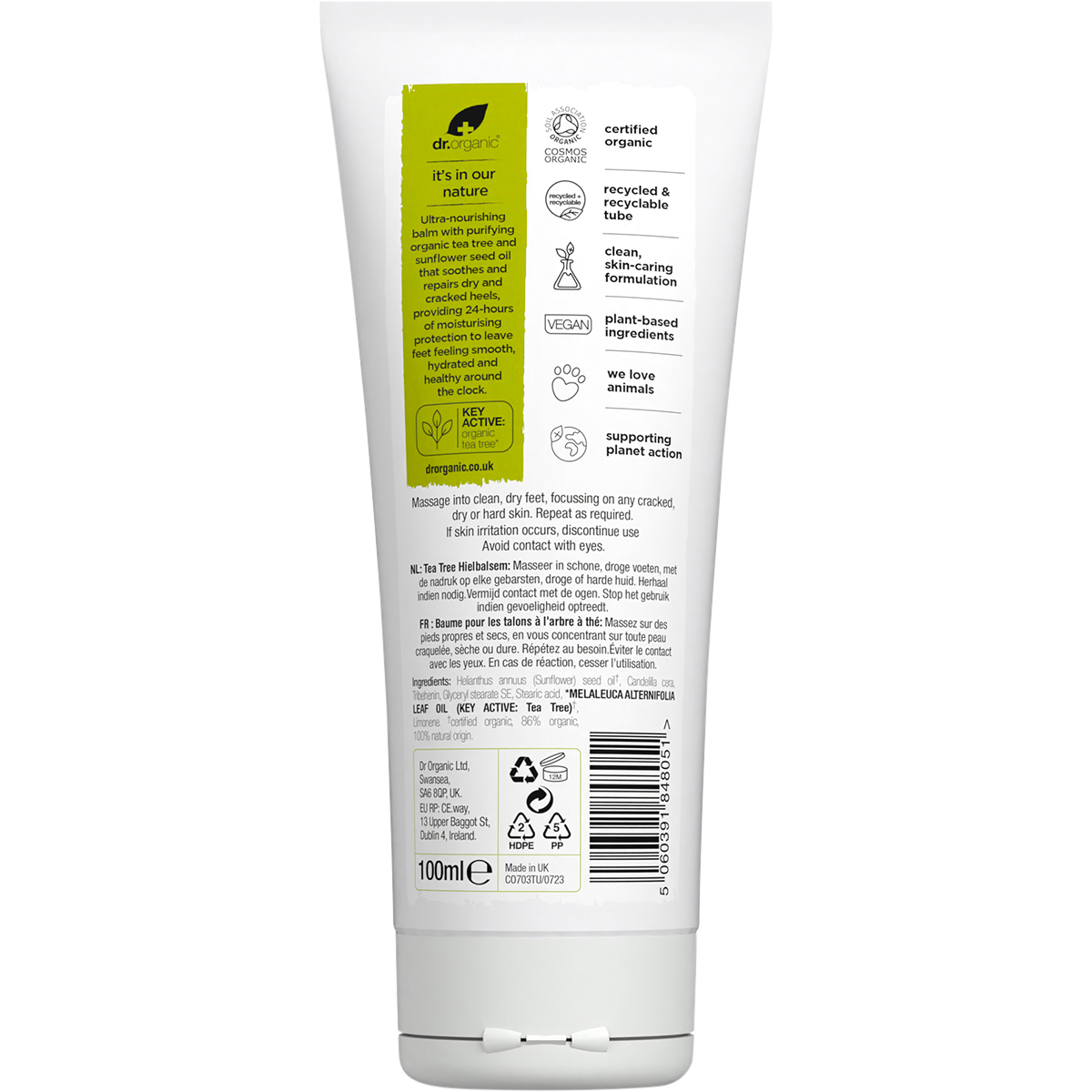 Back of a Dr Organic Tea Tree Heel Balm 100ml tube showing ingredients and directions on a white background.