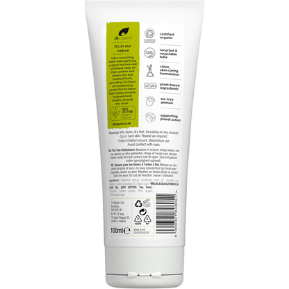 Back of a Dr Organic Tea Tree Heel Balm 100ml tube showing ingredients and directions on a white background.