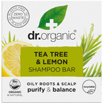 Dr Organic Tea Tree and Lemon Shampoo Bar 75g in a green and white recyclable cardboard box.