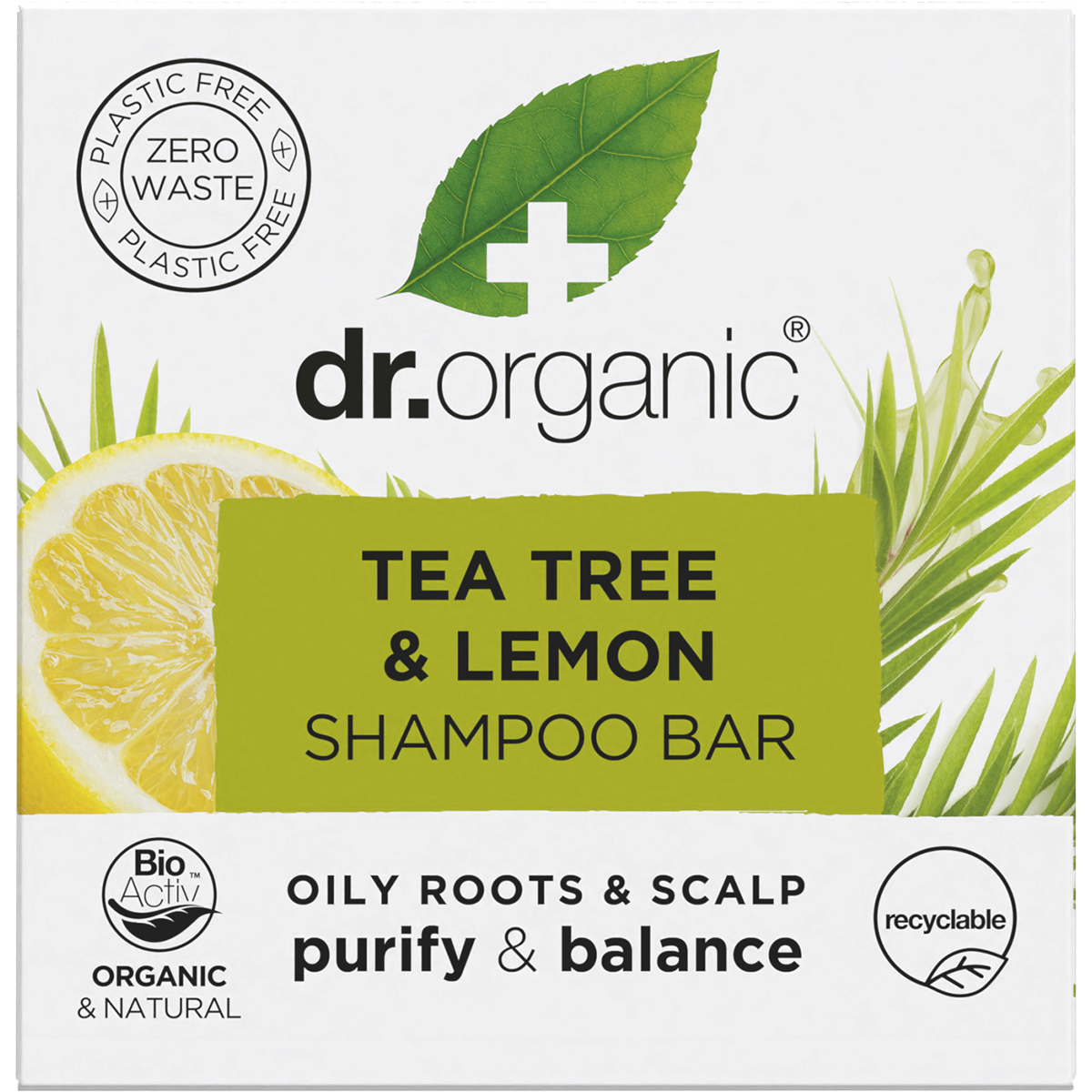 Dr Organic Tea Tree and Lemon Shampoo Bar 75g in a green and white recyclable cardboard box.
