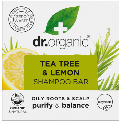 Dr Organic Tea Tree and Lemon Shampoo Bar 75g in a green and white recyclable cardboard box.