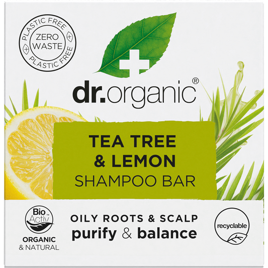 Dr Organic Tea Tree and Lemon Shampoo Bar 75g in a green and white recyclable cardboard box.
