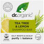 Dr Organic Tea Tree and Lemon Shampoo Bar 75g in a green and white recyclable cardboard box.