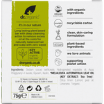 Back of a Dr Organic Tea Tree and Lemon Shampoo Bar 75g box with product details and usage instructions.