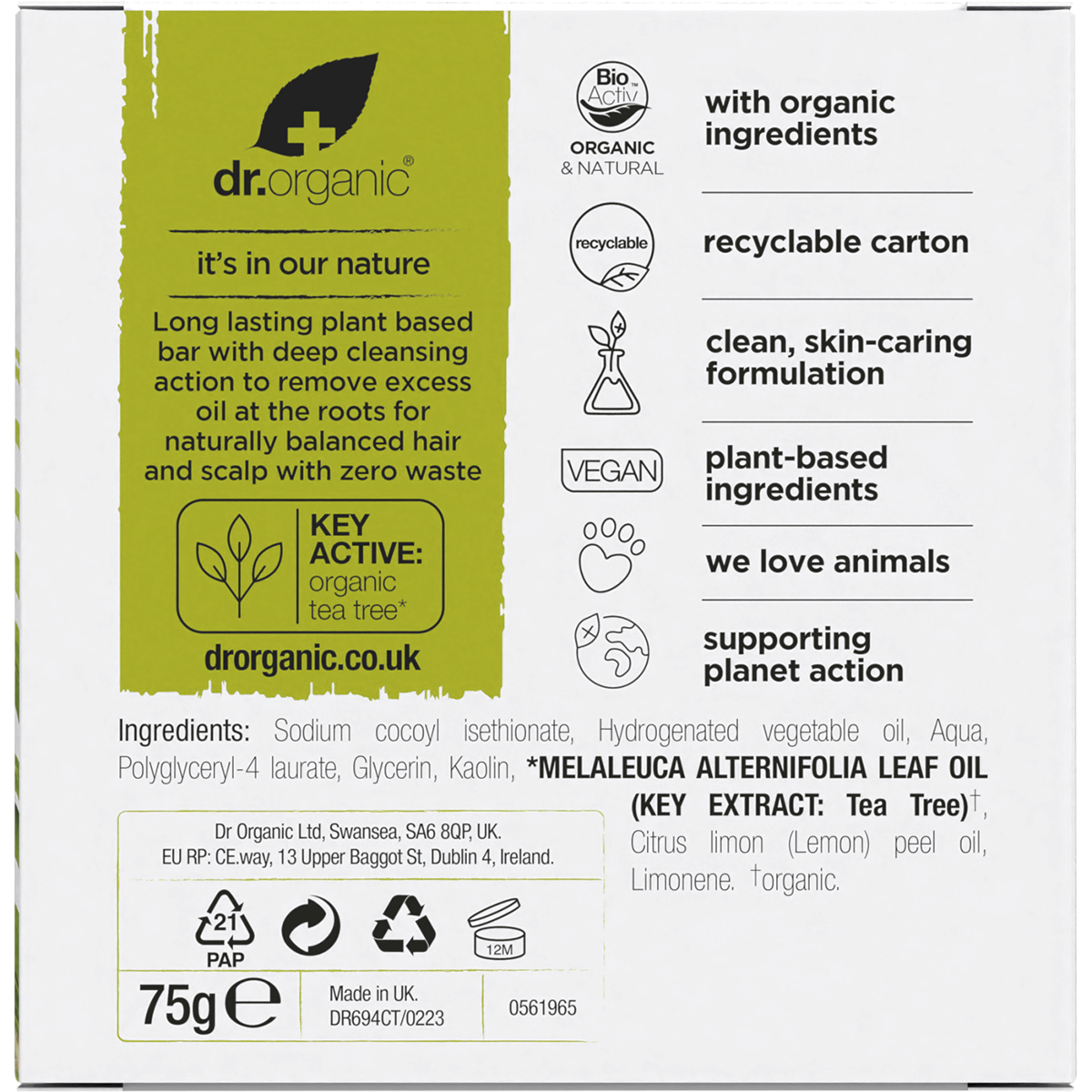 Back of a Dr Organic Tea Tree and Lemon Shampoo Bar 75g box with product details and usage instructions.
