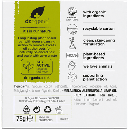 Back of a Dr Organic Tea Tree and Lemon Shampoo Bar 75g box with product details and usage instructions.
