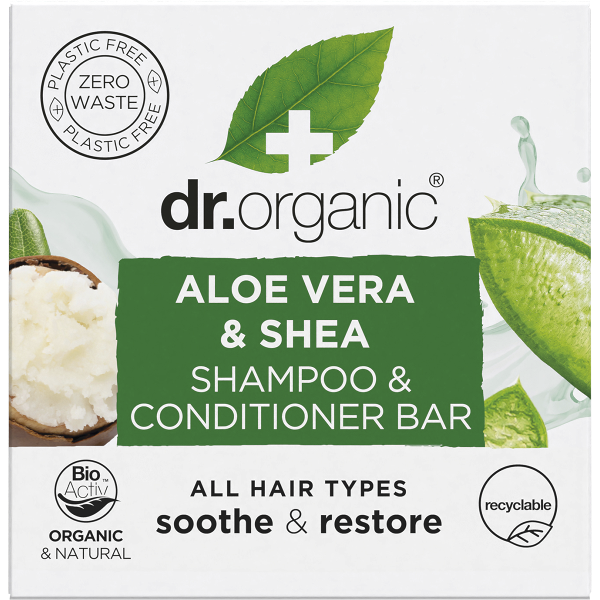 Dr Organic Shampoo and Conditioner Bar with Aloe Vera and Shea in a green recyclable box for all hair types.