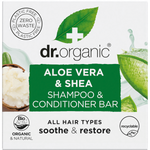 Dr Organic Shampoo and Conditioner Bar with Aloe Vera and Shea in a green recyclable box for all hair types.