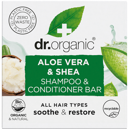 Dr Organic Shampoo and Conditioner Bar with Aloe Vera and Shea in a green recyclable box for all hair types.