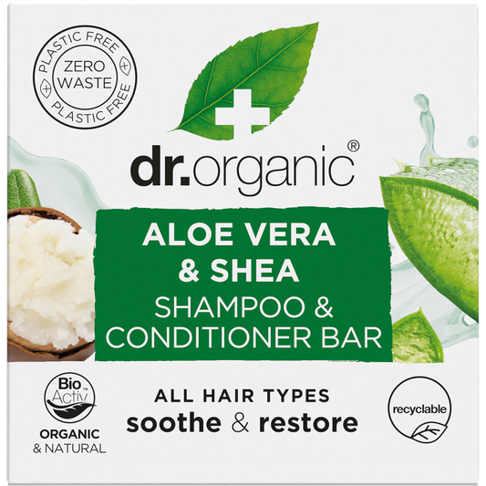 Dr Organic Shampoo and Conditioner Bar with Aloe Vera and Shea in a green recyclable box for all hair types.