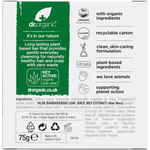 Back of Dr Organic Aloe Vera and Shea shampoo bar box with ingredient list and usage instructions on a white background.