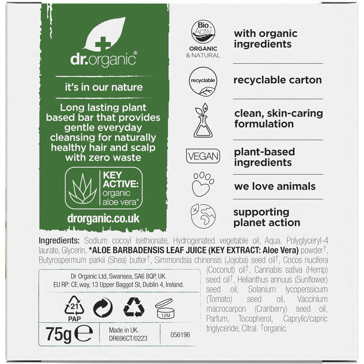 Back of Dr Organic Aloe Vera and Shea shampoo bar box with ingredient list and usage instructions on a white background.