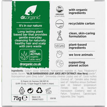 Back of Dr Organic Aloe Vera and Shea shampoo bar box with ingredient list and usage instructions on a white background.