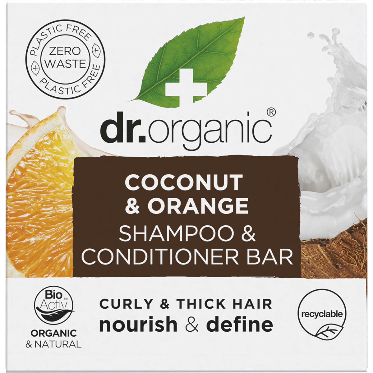 Dr Organic 75g Coconut & Orange Shampoo and Conditioner Bar for curly and thick hair in a recyclable cardboard box.