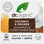 Dr Organic 75g Coconut & Orange Shampoo and Conditioner Bar for curly and thick hair in a recyclable cardboard box.