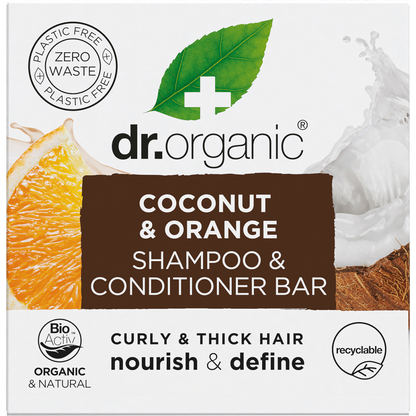 Dr Organic 75g Coconut & Orange Shampoo and Conditioner Bar for curly and thick hair in a recyclable cardboard box.