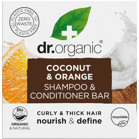 Dr Organic 75g Coconut & Orange Shampoo and Conditioner Bar for curly and thick hair in a recyclable cardboard box.