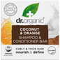Dr Organic 75g Coconut & Orange Shampoo and Conditioner Bar for curly and thick hair in a recyclable cardboard box.