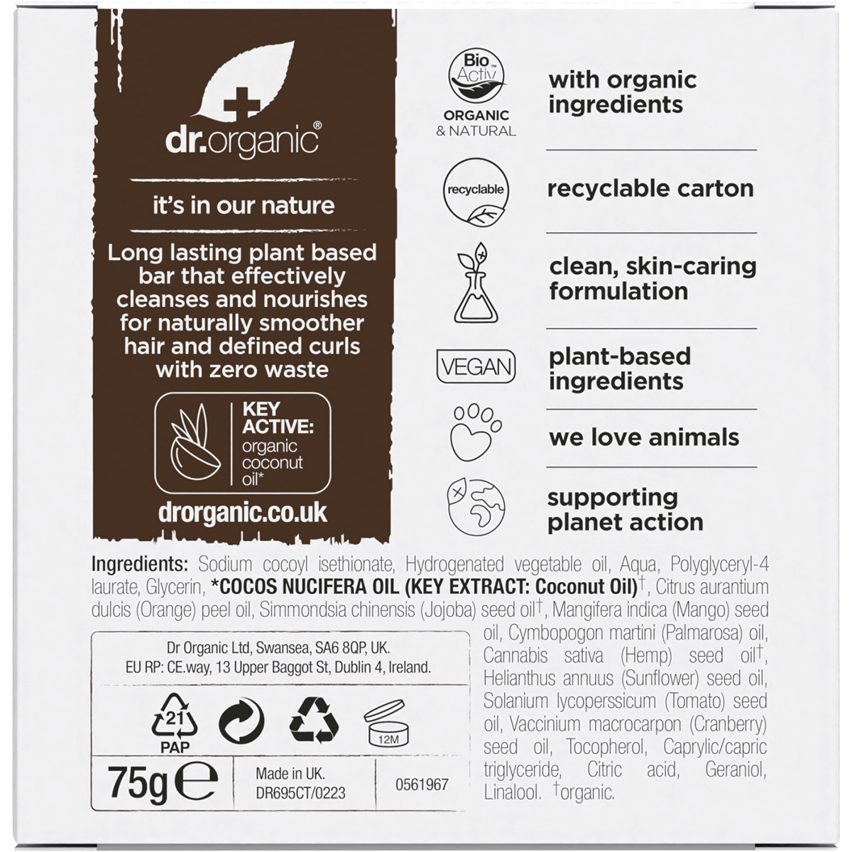 Back of a Dr Organic Coconut & Orange Shampoo and Conditioner Bar box with product details and a recycling logo.