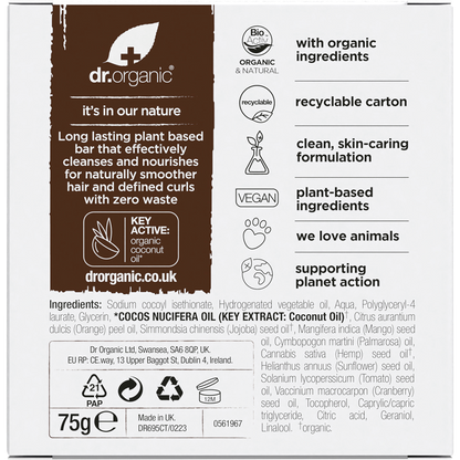 Back of a Dr Organic Coconut & Orange Shampoo and Conditioner Bar box with product details and a recycling logo.