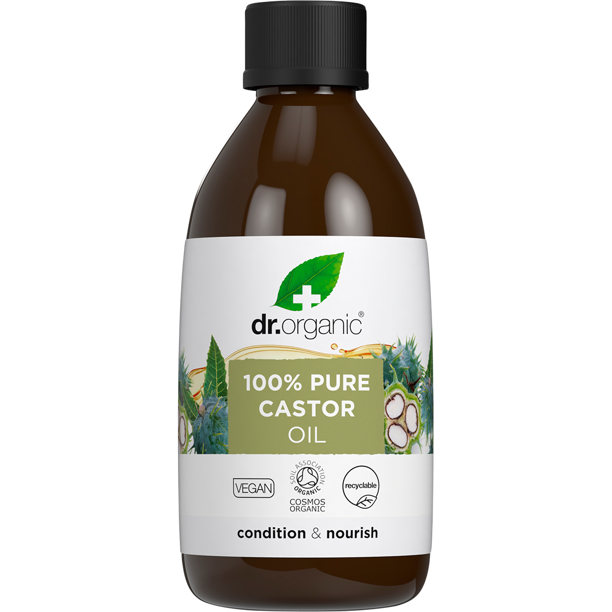 250ml bottle of Dr Organic 100% Pure Castor Oil for hair and skin conditioning on a white background.