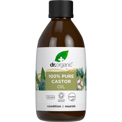250ml bottle of Dr Organic 100% Pure Castor Oil for hair and skin conditioning on a white background.