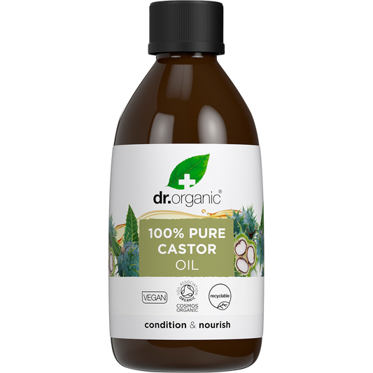 250ml bottle of Dr Organic 100% Pure Castor Oil for hair and skin conditioning on a white background.
