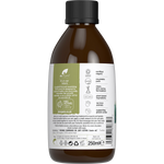 Back of a 250ml bottle of Dr Organic 100% Pure Castor Oil showing ingredients and directions on a white background.