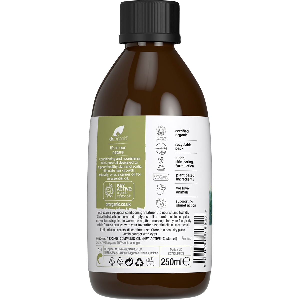 Back of a 250ml bottle of Dr Organic 100% Pure Castor Oil showing ingredients and directions on a white background.