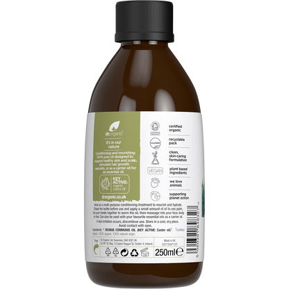 Back of a 250ml bottle of Dr Organic 100% Pure Castor Oil showing ingredients and directions on a white background.