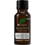 10ml bottle of Dr Organic 100% Pure Eucalyptus Oil with a green label and white cap on a white background.