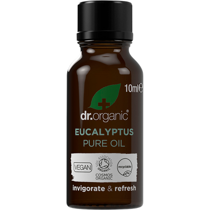 10ml bottle of Dr Organic 100% Pure Eucalyptus Oil with a green label and white cap on a white background.