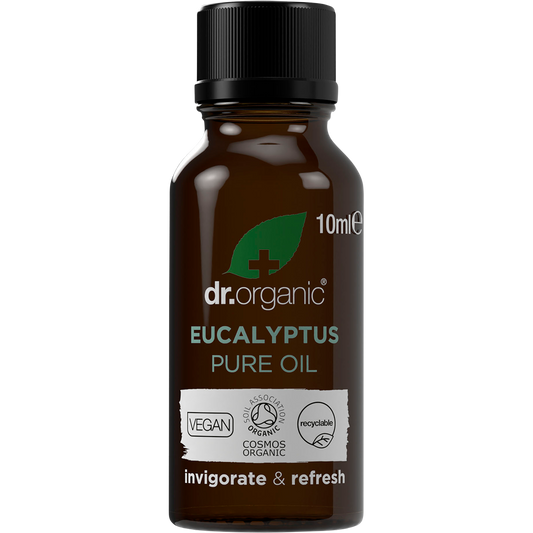 10ml bottle of Dr Organic 100% Pure Eucalyptus Oil with a green label and white cap on a white background.
